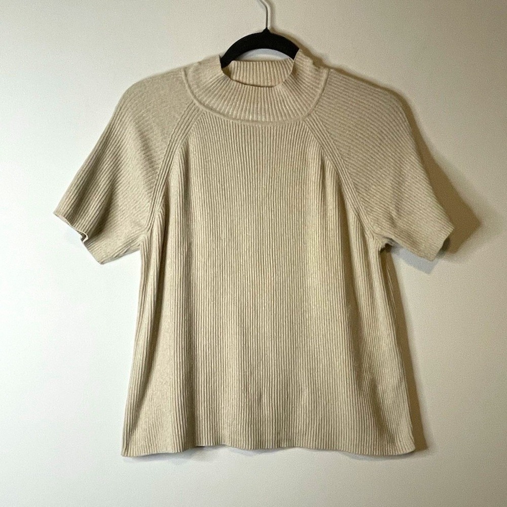 Liz Claiborne Lizsport Sweater Womens L Beige Ribbed Mock Neck Short Sleeve Cott